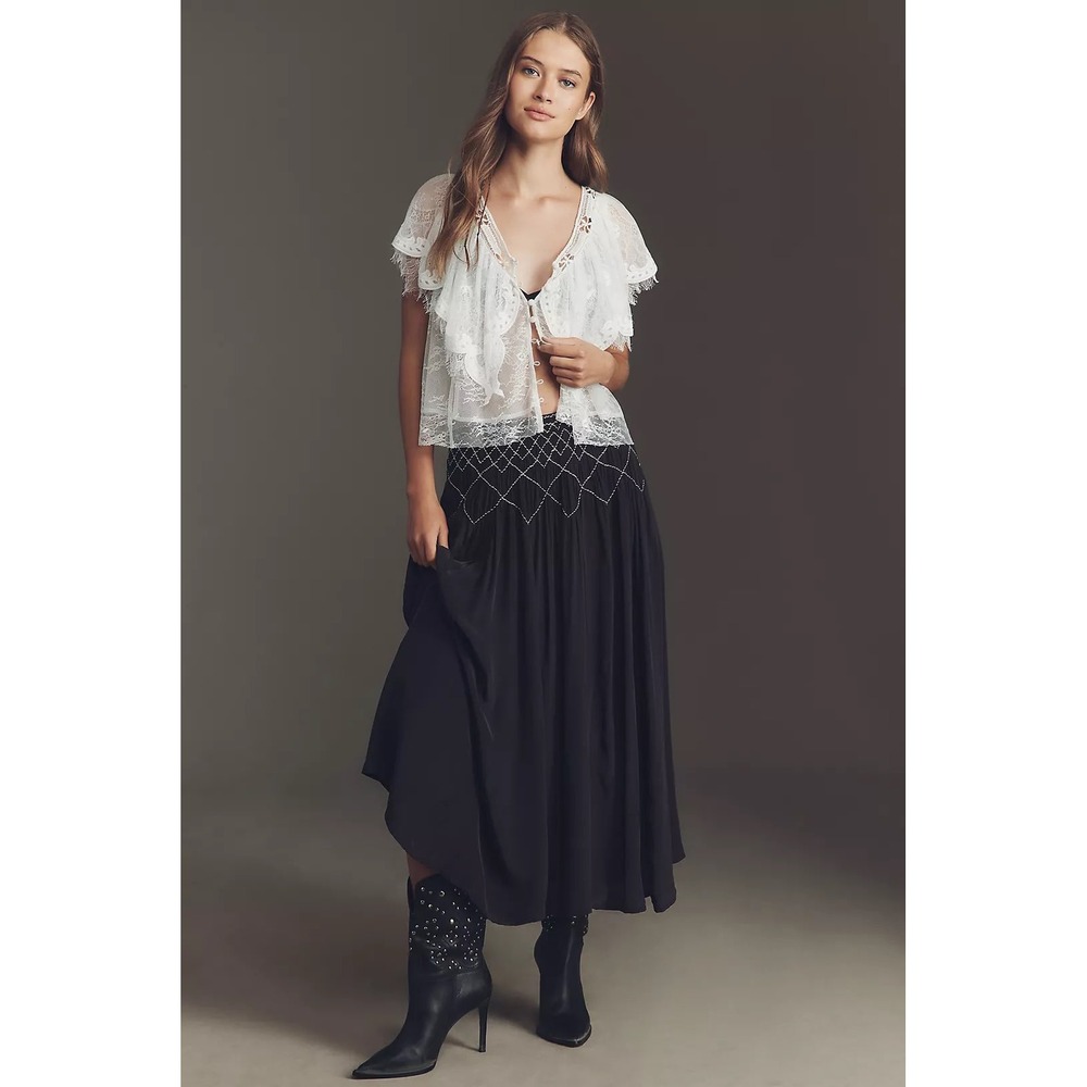 By Anthropologie Smocked Soft Midi Skirt Black Boho Embroidered XXS OB225648